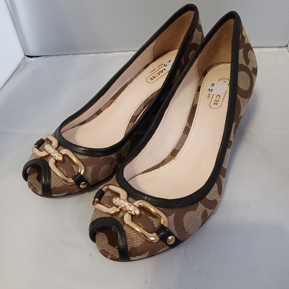 Coach Shoes - COACH Thea SIGNATURE Brown tan leather canvas Logo Wedge Peep Toe Heel Shoe Sz 5
